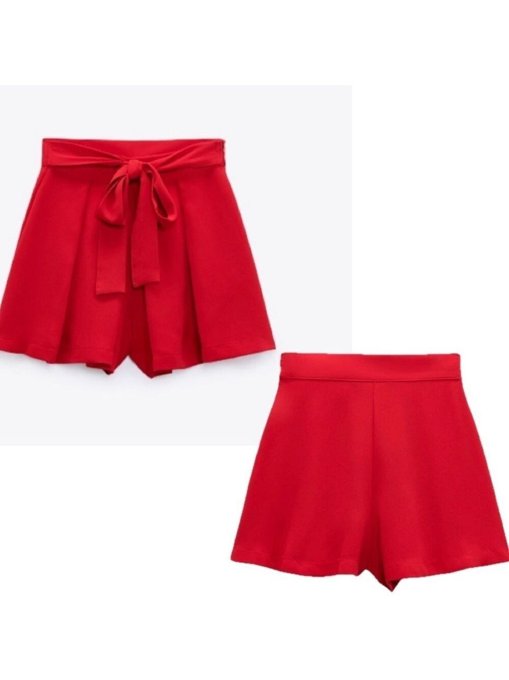 Zara red pleated dress shorts fabric belt tie waist M spring summer high waist